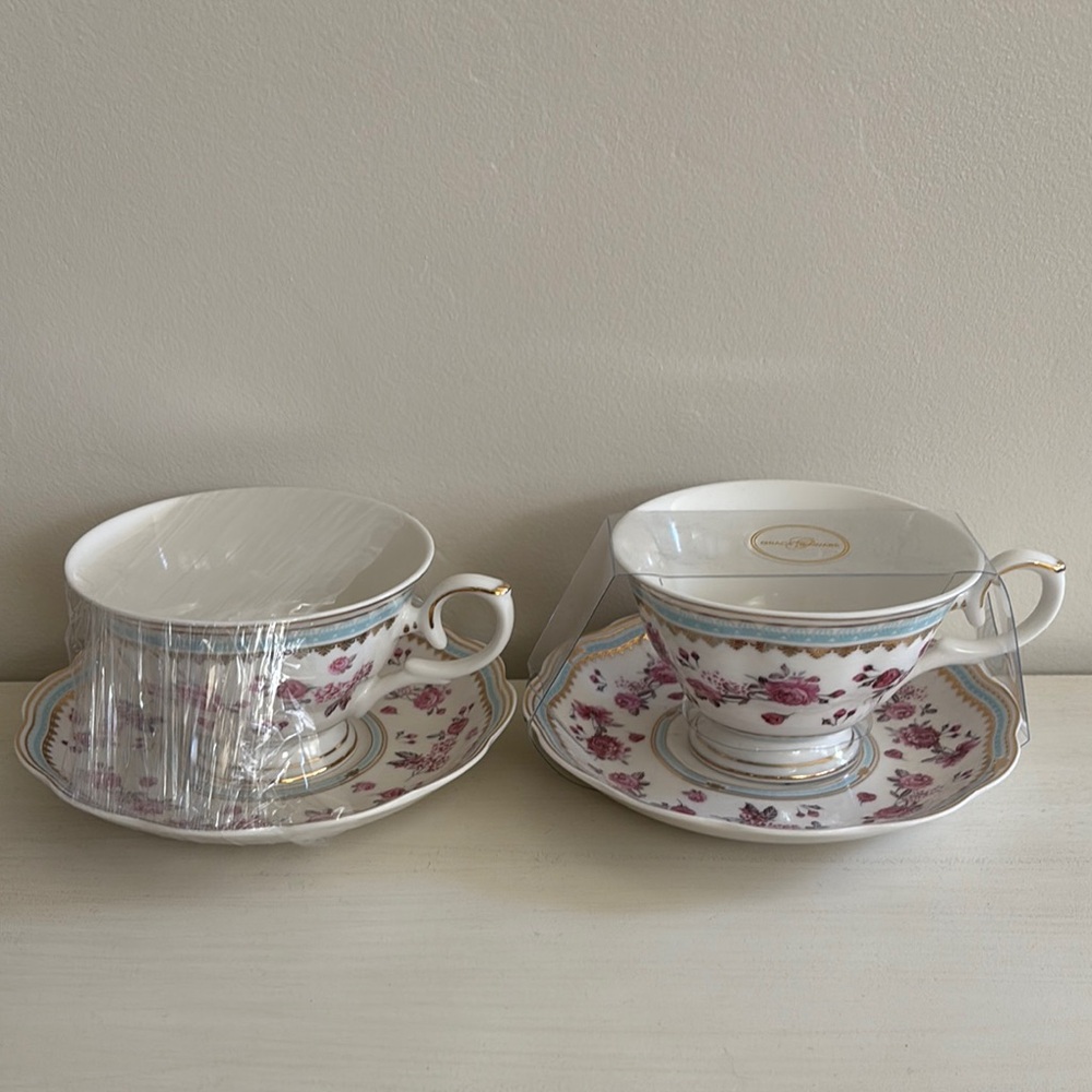 Grace Teaware Rose Floral Teacup and Saucer Set New 2 Sets Blue